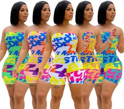 Women Fashion Sexy Elastic Bandeau Letter Print Jumpsuit Jumpsuit