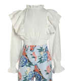 white high-necked ruffle long-sleeved tunic top suit printed shorts