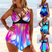 Plus Size Beach Rainbow Print Swimsuit