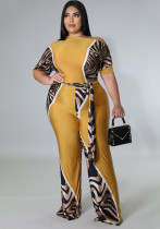 Women Autumn Yellow Modest Slash Neck Half Sleeves Patchwork Belted Full Length Loose Plus Size Jumpsuit