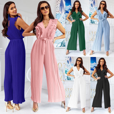 High waist pleated one-piece wide-leg pants summer women's large size casual slim temperament V-neck one-piece trousers