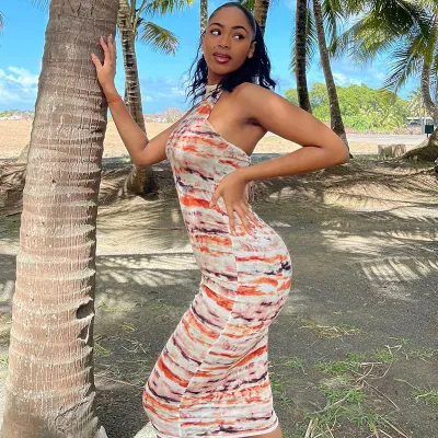 Women's Summer Fashion Print Sleeveless Backless Sexy Slim Dress