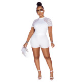 Women summer short sleeve contast with lace slim fit romper