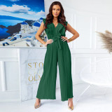 High waist pleated one-piece wide-leg pants summer women's large size casual slim temperament V-neck one-piece trousers