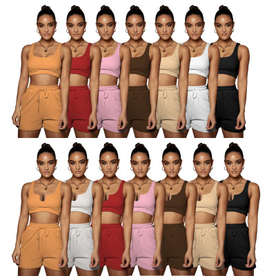 Women Summer Yoga Wear Multicolor Solid U-Neck Top And Shorts Two-Piece Set