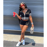 Women's Summer Digital Embroidered Suit Zipper Short Sleeve Jacket Shorts Solid Color Stretch Two Piece