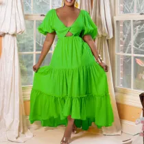 Summer Short Sleeve Open Back Sexy V-Neck Party Long Dress African Plus Size Dress