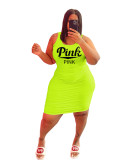 Plus Size Women Summer Solid Color Sleeveless Letter Print Basic Dress