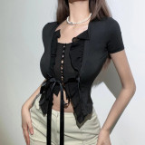 Spring/Summer Women's Square Neck Short Sleeve Sexy Transparent Slim Fit Lace-Up Cardigan T-Shirt