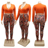 Fashion Casual V-Neck Tight Top + Pants Large Size Tight Two-piece Set