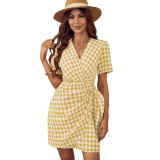 Women Summer Plaid V-Neck Beletd-Bow Dress