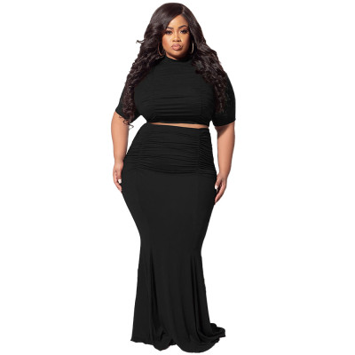 Plus Size Solid Color Pleated Fashion Casual Slim Top And Long Dress Two Piece Set