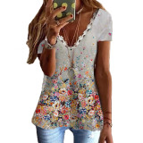 Spring Summer Casual Printed Lace V-Neck Short Sleeve T-Shirt