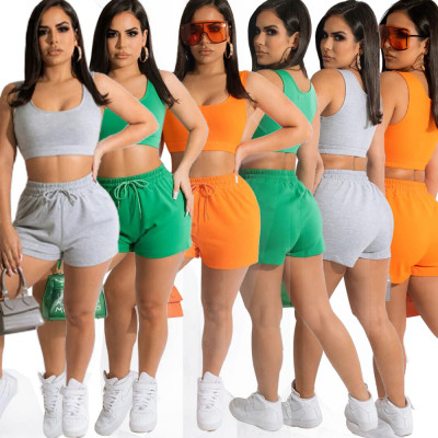 Summer Women Casual Solid Color Crop Top And Shorts Sportwear Two-Piece Set