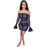 Women hot sale mesh off sholoulder lotus leaf long sleeve top and ruffled mini dress two-piece set