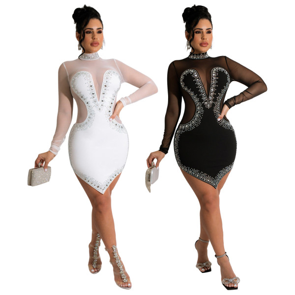 Sexy Long Sleeve see through Hot Diamond tight fitting bodycon Dress Short Skirt