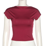 summer women's short-sleeved round neck open back reversible slim solid color T-shirt