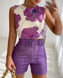 Purple Floral Vest Shorts Suit - With Belt