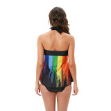 Plus Size Bikini Rainbow Print Lace-Up Halter Swimsuit