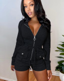 Women's Fashion Casual Solid Color Zipper Hooded Jumpsuit