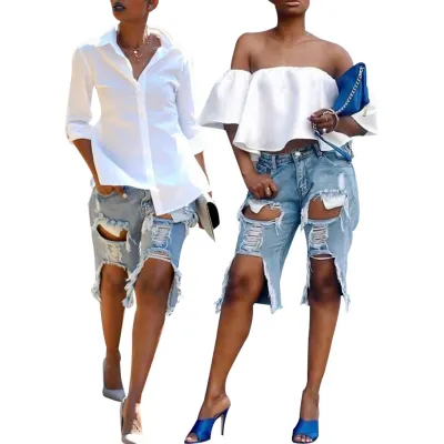 fashion hole sexy stretch denim cropped pants