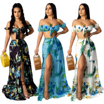 Women summer hot print short-sleeved sexy tube and slit long dress ladies two piece set