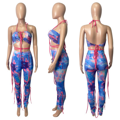 Women's Clothing Spring/Summer Print Tube Top and Lace Streamer Pants Two-piece Set