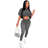 Women summer short sleeve T-shirt crop top and mesh see through pant two-piece set