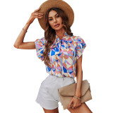 Summer Women Chiffon Stand Collar Printed Short Sleeve Shirt
