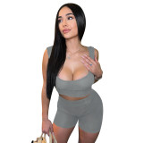 Women spring and summer threaded low-cut vest and shorts sports two-piece set