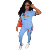 Fashion Women Embroidered Colorful Letters Round Neck Sports Casual Short Sleeves Two Piece Set