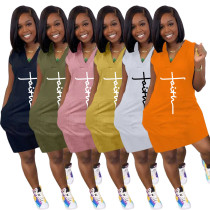 Plus Size Women Summer Casual Solid Color V Neck Letter Print Dress