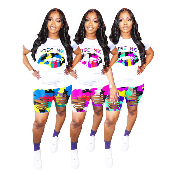 Women Summer Casual Camouflage Lip Burning Heat Print Top And Shorts Two-Piece Set