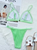 Women Green Bikini V-Neck Solid Ruffles Two Piece Swimwear