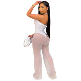 Women's mesh sexy solid color spring and summer high elastic one-piece jumpsuit
