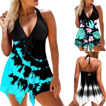 Plus Size Bikini Print Lace-Up Halter Covering Swimsuit