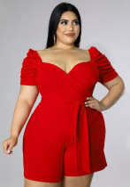 Women Summer Red Casual Square Collar Short Sleeves Solid Belted Short Regular Plus Size Jumpsuit