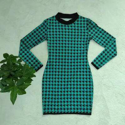 Fashionable Chic long-sleeved Plaid print slim women's dress