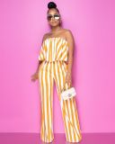 Women Striped Print Sexy Off Shoulder Wide Leg Pants Fashion Casual Two Piece Set