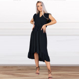 Summer tight waist maxi irregular skirt sleeveless V-neck chiffon dress for women