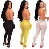 fashion women's sexy solid color mesh perspective hollow sleeveless vest trousers two-piece set