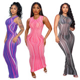 Women's Summer Sexy Mesh Print Long Dress Sheer Slim Dress