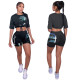 Women's Digital Print Sexy Chic Drawstring Crop Short Sleeve Two-piece Set