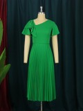 Women Summer Green Modest Slash Neck Short Sleeves Solid Ruffles Midi Pleated Office Dress
