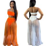 Women's pleated mesh see-through sexy strapless two-piece skirt set