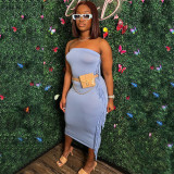 Summer Women Off-The-Shoulder Wrap Solid Color Fashion Fringe Dress