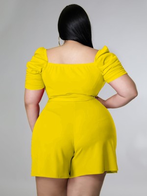 Women Summer Yellow Casual Square Collar Short Sleeves Solid Belted Short Regular Plus Size Jumpsuit