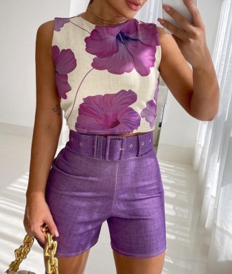 Purple Floral Vest Shorts Suit - With Belt