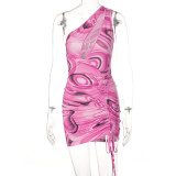 Women's Fashion Print One Shoulder Hollow Drawstring Sleeveless Hip Dress