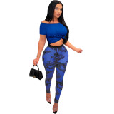 Women's Spring/Summer Off-the-shoulder T-shirt + Mesh Printing Commuter Two-piece Set